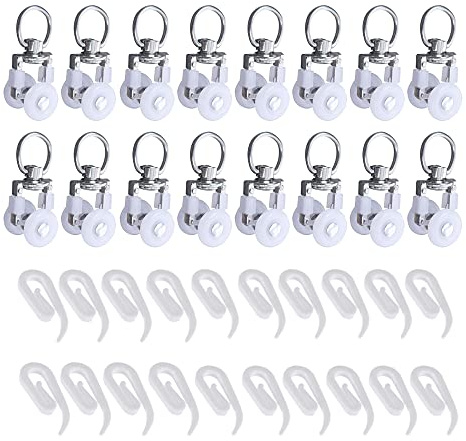 Csirnto Gardinenröllchen 20 Stücke Metall Gardinenschiene Rollen 100 Stücke Vorhanghaken aus Kunststoff Vorhang Rolle Gardine Schienenrolle für Schienen Gardine