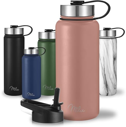 Milu Edelstahl Trinkflasche 500ml 750ml 1000ml (+3 Deckel) - Thermosflasche mit Strohhalm, Isolierte Wasserflasche, Auslaufsichere Isolierflasche doppelwandig, Kohlensäure geeignet (Rose Gold, 500ml)