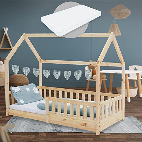 ML-Design Kinderbett 80x160 cm Natur mit Matratze, Rausfallschutz, Dach und Lattenrost, Spielbett, Hausbett für Mädchen und Jungen, Bettenhaus aus Kiefernholz, Bodenbett Jugendbett Kinderhaus Holzbett