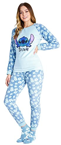 Disney Pigiama Donna Invernale in Pile con Calze Stitch Topolino Minnie Baby Yoda (Blu Stitch, L), (8693)