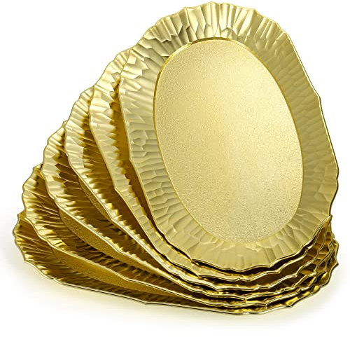 Avla 6 Pack Gold Serving Platter, Plastic Serving Tray, Reusable Party Snack Serving Tray, Decorative Food Appetizer Platters for Dessert Table, Cupcake, Charcuterie, Cookies, 14 x 8.5