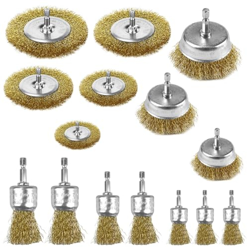 15 Stück Messingbürste Bohrmaschine, Drahtbürsten Messing set, Topfbürste Bohrmaschine, Scheibenbürste, Wire Brush for Drill, für Reinigen und Polieren