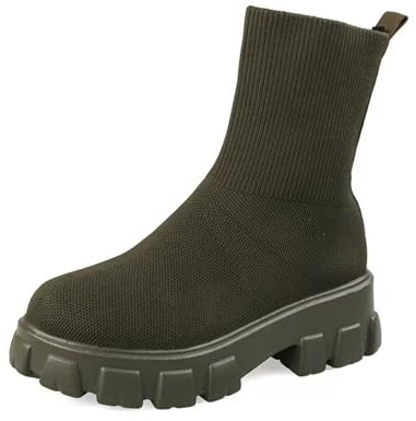 Botas de punto elástico para mujer Punta redonda Tacones en bloque Calcetines Botas Plataforma Botas Chelsea Tacón medio elástico Botas de punto sin cordones Botines tipo calcetín antideslizantes