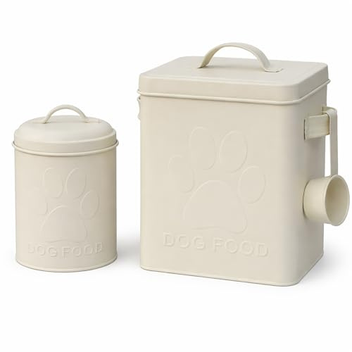 simpa 3PC Metal Dog Food Storage Set featuring Embossed Paw Print Design: Dog Food Tin, Dog Treats Tin & Serving Scoop - Matt Cream Finish