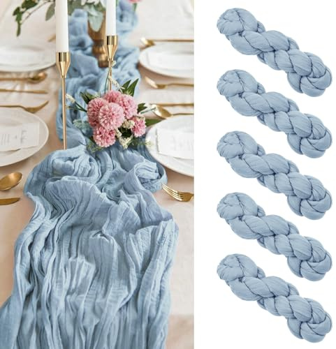Lot de 5 chemins de Table en étamine Bleu poussiéreux, Chemin de Table Bobo en Gaze de 10 Pieds, Chemin de Table en Tissu Semi-Transparent pour réception de Mariage, décoration de Table