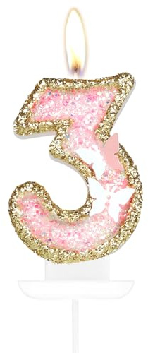 Happy 3rd Birthday Schmetterling Nummer 3 Kerzen, Rosa Gold Kuchen Cupcake Topper, Mädchen 3. Geburtstag Dekorationen, Schmetterling Kerze Topper für Kuchen