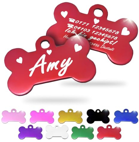 Ibera gifts - Hundemarke mit Gravur und personalisierte Hundemarke in Knochenform für mittelgroße bis große Hunde und Katzen (Rot, Herzen)