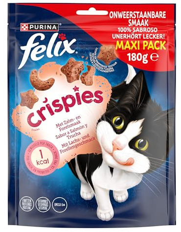 Purina Felix Crispies Ocean, Snack, Premio para Gato con Salmón y Trucha, 5 Bolsas de 180g