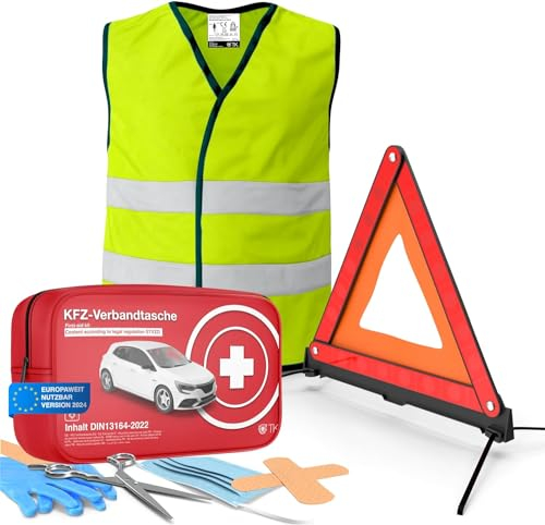 3 in 1 Set Auto Erste Hilfe Kit 2025 - KFZ Verbandskasten, Warnweste & Warndreieck - Pannenset & Unfallzubehör für PKW nach aktueller Norm
