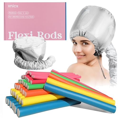 xnicx 42pcs 7 Papilotten Lockenwickler Grosse Locken Ohne Hitze,Frauen | Flexibel Lockenwickler Große Locken über Nacht,mit Trockenhauben für Haare(Silbrig)für Frauen und Mädchen,Nasses,Dickes Haar