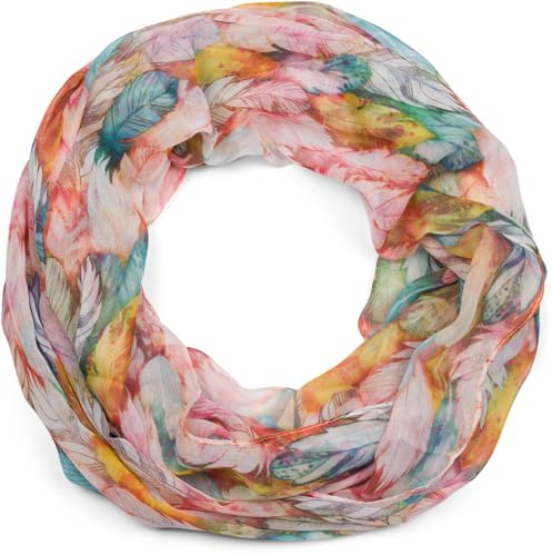 styleBREAKER Damen Loop Schal Feder Muster Boho Style | 84x46 cm Format, leichtes und luftiges Gewebe für den Sommer, 2- bis 3-mal flexibel um den Hals wickelbar, buntes Design.
