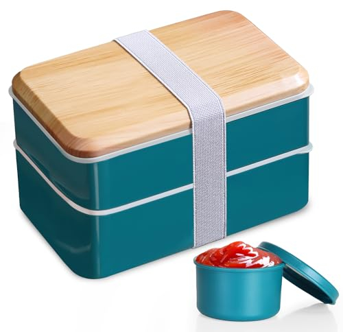 Bakpoco Bento Box - Lonchera para adultos con compartimentos apilables en capas y juego de utensilios, bonita lonchera japonesa a prueba de fugas, apta para microondas y lavavajillas, 48 onzas (verde