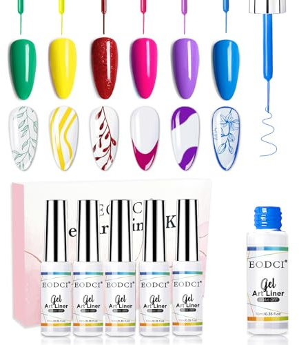 EODCI Gel Nagellack Set 6 Farben Gel Liner Nail Art Glitzer Gelnägel Farben Für Drawing Lines Holographisch Nagellack Set Dünner Pinsel Nailart Malerei 10ml