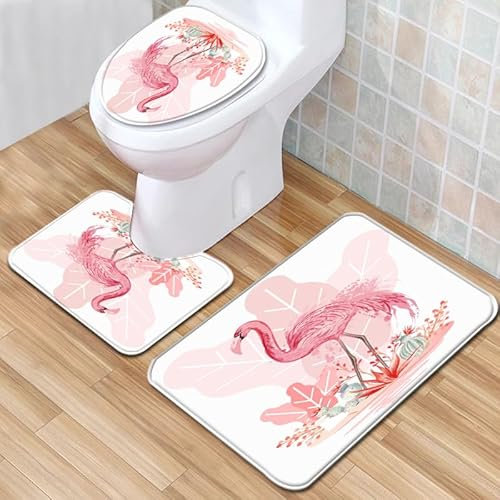 Bad Teppiche Set 3-Teiliges Elegante Rosa Blätter WC Vorleger Mit Ausschnitt Badematte Saugfähig WC Deckelbezug Badvorleger rutschfest Waschbar Toilettensitzbezug Badgarnitur (45x75cm)