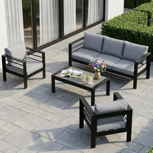 LANOX Aluminium Gartenmöbel Set Gartenlounge-Set Loungeset für 5 Personen Terrasse Balkon, wetterfest Sitzgruppe Essgruppe Gartengarnitur (4-TLG., 1×3-Sitzer Sofa, 2×Sessel, 1×Tisch, 10×Auflagen)