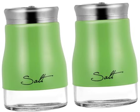 Garneck Glass Salt and Pepper Shaker Set with Stainless Steel Lids, 2pcs Kitchen Seasoning Jars for Cooking and Dining, Green Sealed Spice Dispenser Bottles