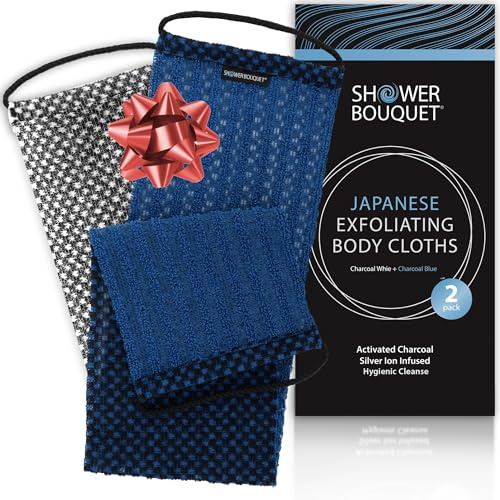 Japanese Exfoliating Washcloth for Back & Body 2-Pack - Charcoal & Silver Ion Exfoliating Towel with Handles - Two-Sided Gentle Exfoliation & Deep Cleanse Body Wash Cloths for Shower - 1 White, 1 Blue