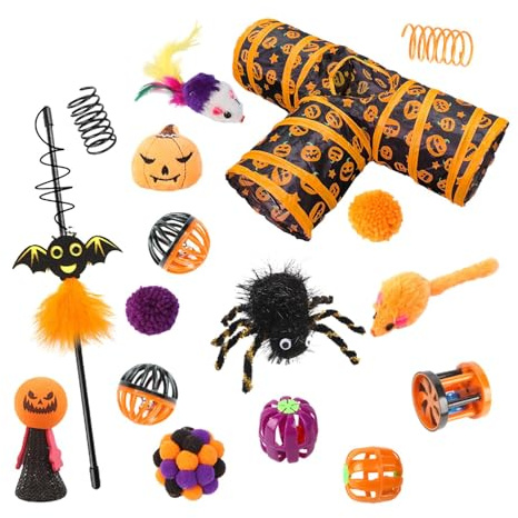 Set di giocattoli interattivi per gatti – Tunnel sotto la manica a 3 vie per Halloween | Bell Ball Set di giocattoli per gatti per gattini, conigli, gatti interni Halloween Set