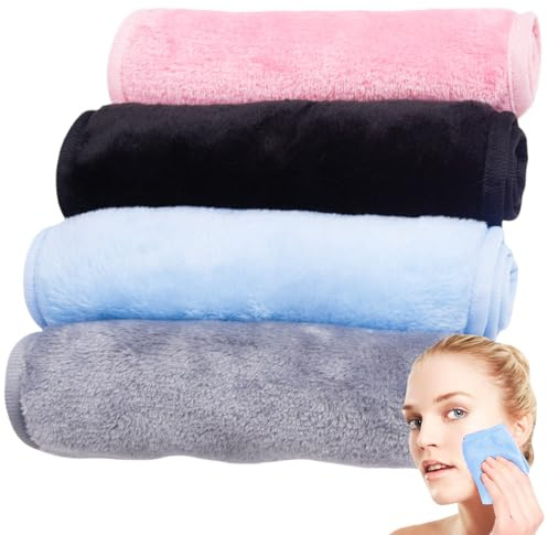 4 Pack Make Up Remover Cloth, 40*20 CM Flannel Face Cloth Face Wipes for Sensitive Skin Make Up Removing(Blue+Grey+Black+Pink)