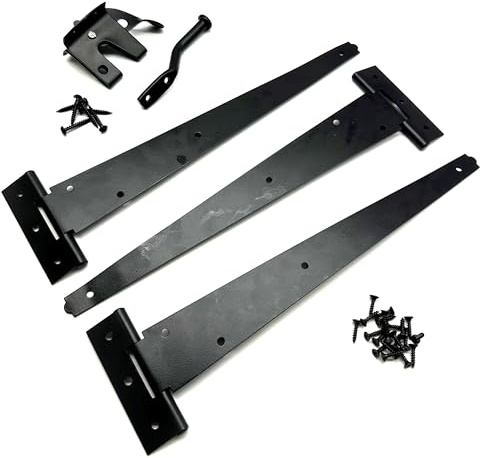 Garden Gate Hinge Pack. 3PK of 12 Black Tee Hinges, Auto Close Latch and All Fixings. Hanging Kit for Garden Gates, Sheds and Doors. Japanned Corrosion and Weather Resistant External Hinge Set.