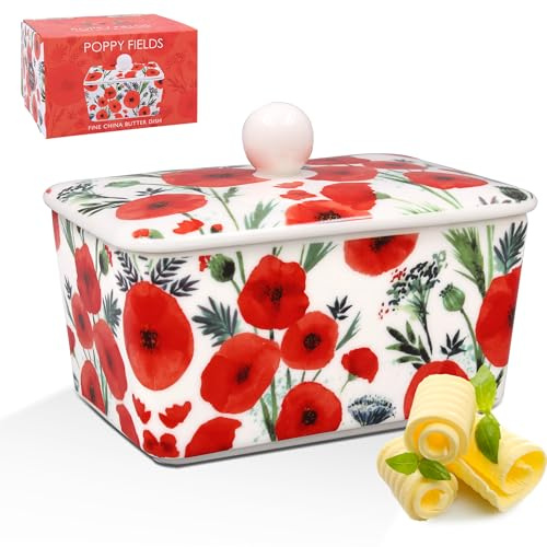 Lesser & Pavey Poppy Fields Beurrier en porcelaine fine Rouge et blanc Idée cadeau Design britannique Printemps Été Maison