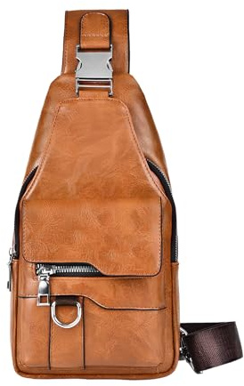 Hnonoxy Sling Bags Brusttasche Herren-Schultertaschen Crossbody Umhngetasche Schultertaschen Crossbody Taschen PU-Leder Wasserdichte Casual Chest Taschen für Wandern Radfahren Camping (HellBraun)