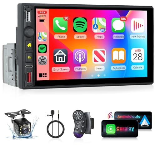Radio de Coche 1 DIN con Carplay Inalámbrico Android Auto, Hodozzy 7 Pulgadas Pantalla Táctil con Bluetooth FM Radio Mirrorlink USB/Tipo-C SWC 7 Colores Reproductor Multimedia para Coche+Cámara