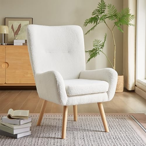 Sicaan Fauteuil Moderne | GAÏA, Tissu Bouclette Blanc, Style Scandinave Cosy Moderne, L.66.5 x P.80.5 x H.98 cm, Pieds Naturels en Hévéa, Fauteuil Relax Confortable pour Salon, Chambre et Bureau