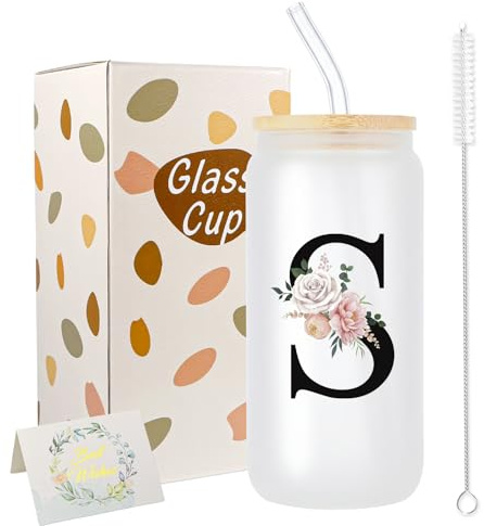 JEKUGOT A-Z Initial Personalised Birthday Gifts for Women, 16oz Iced Coffee Glass Cups with Lids and Straws, Glass Coffee Cup Gift Set for Mothers, Friends, Women, Men, Iced Coffees Cup Gift (S)