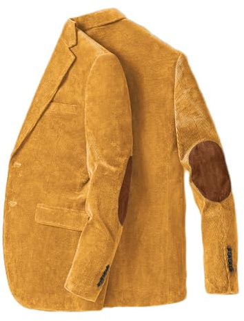 Stillluxury Giacca blazer con toppa al gomito per uomo monopetto in velluto a coste casual cappotto sportivo con risvolto tacca smoking da sposa, Giallo zenzero., L