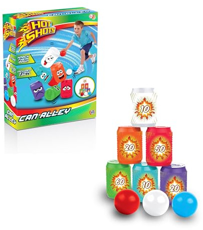 Hot Shots Can Alley Knock-Down Game – Kids Garden Game with 6 Cans & 3 Balls – Fun Summer Party Game, Beach Toy, Outdoor Activity for Children Ages 3+ – Family Target Game Set