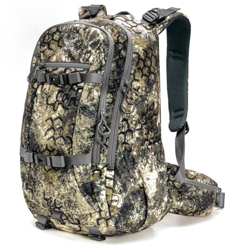 MOXULE Hunting Backpack Waterproof Pack: 25L Hunting Gear with Rain Cover,Hunting Day Pack with Rifle Bow Gun Holder (Camo)