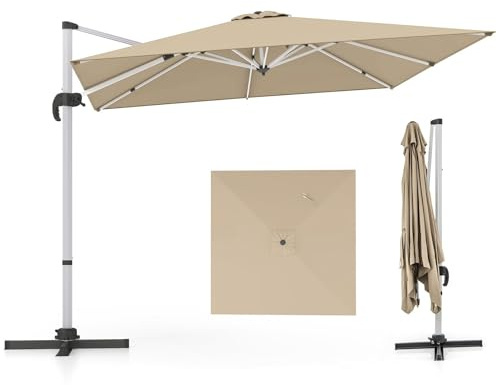 FANTASK Sonnenschirm 360°drehbar, großer Ampelschirm mit Kurbel & Ampelschirm Drehbar,Beige Marktschirm 300 x 300 cm
