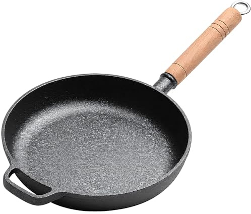 LIYGAOF Gusseisen Pfanne 22cm Bratpfanne Grillpfanne: Ohne Beschichtung Induktion Pfanne Griff aus Massivholz Lange Lebensdauer für Alle Herdarten Geeignet (22cm)