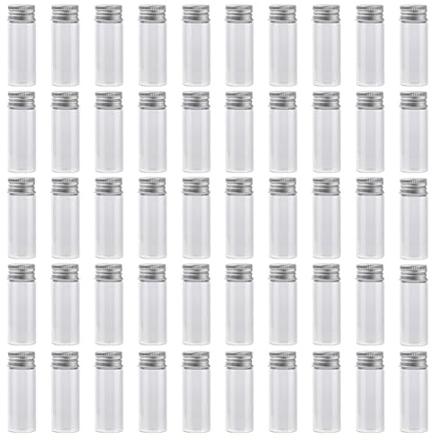 DELORIGIN 50 mini botellas de cristal de 12 ml/0,4 oz con tapón de rosca de aluminio, a prueba de fugas, pequeños frascos de laboratorio vacíos transparentes para el almacenamiento de aceites
