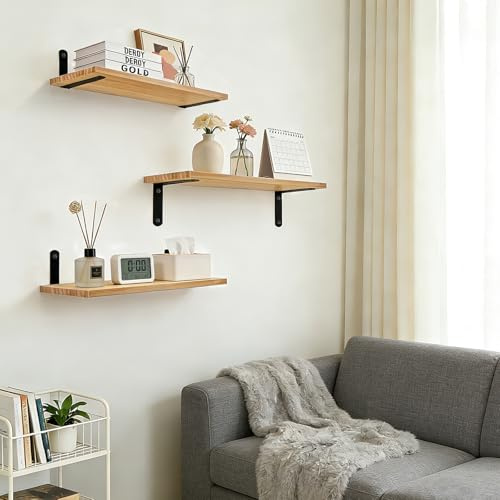 Jahof Wandregal Holz 40 x 15 cm, 3 Stück Schweberegal für Wohnzimmer, Schlafzimmer, Büro, Küche (Eiche)