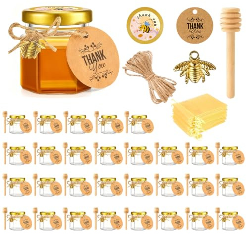 APKOL 30-Pack Leere Mini Glas Behälter 45ml,Mini Glas Honig | mit Holzschöpflöffel Honiglöffel+Bienen Etiketten+Hanfseil Marmeladengläser +Dankeskarten für Babyparty, Hochzeiten