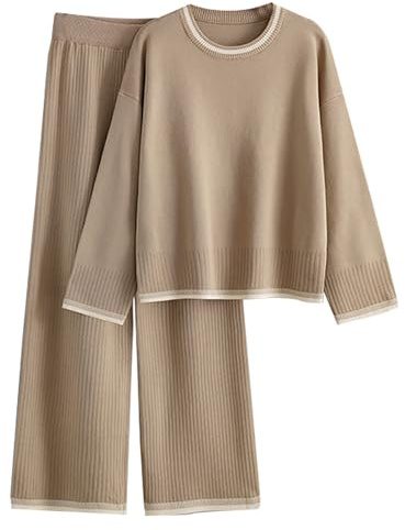 2-teiliger Pullover und Strickhose – Homewear Sets für Damen, langärmelig, Strickpullover, Rundhalsausschnitt, lässig, weites Bein, Hose, Winter, dicker, warmer Strickpullover, 2-teiliges einfarbiges