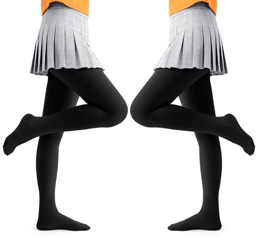 Comfyouth Girls Thermal Tights Kids 2 Pair Winter Warm High Waisted Stretch School Black Tights with Fleece Lining at the Feet for Girls 3-14 Years
