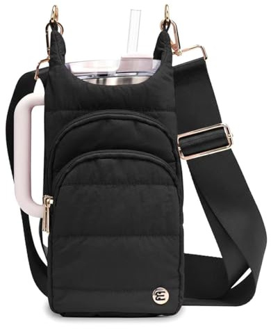 Elmklare Water Bottle Holder with Strap for 30/32 oz, Crossbody Water Bottle Carrier Bag with RFID Blocking Phone Pocket for Gym Hiking Walking Camping Travel, Black