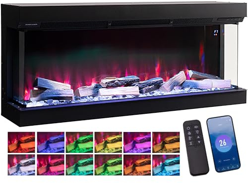 Electric Fireplace 60inch 3D Media Wall, Multi Flame Colors, Sound Effects, APP Control, 7-Day Programmable, Bottom and Top Lights