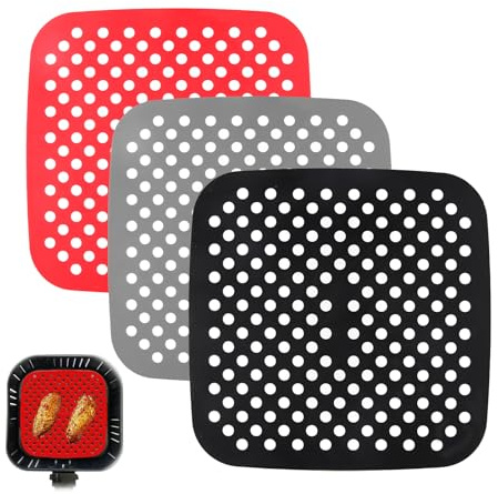 3 Stück Silikon Air Fryer Liners, 21.5x21.5cm Wiederverwendbar Luftfritiereinlagen Matten Quadratisch, Perforiertes Silikon Backpapier Antihaft Innenfutter Matte Air Fryer Zubehör