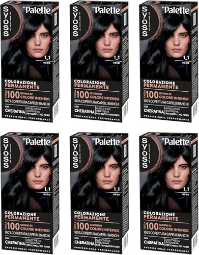 Syoss by Palette Colorazione Permanente 1-1 Nero, Colorazione capelli permanente con Cheratina, Tinta nera per 100% copertura dei capelli bianchi e fino a 100 giorni di colore, confezione da 6