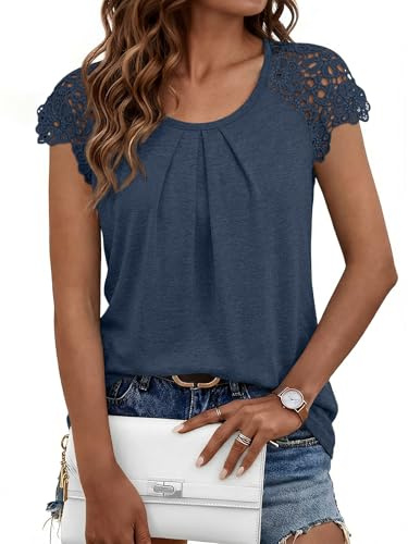 LILLUSORY Womens Lace Cap Sleeve Tops Summer Scoop Neck T Shirts | Pleated Cold Shoulder Tshirts Ladies Mature Clothes Dressy Casual Business Capsule Wardrobe Clothing
