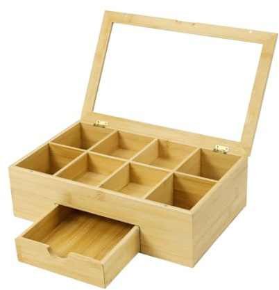 Lacers Purpleline Teebox aus Bambus mit Glasdeckel & Schublade Teekiste mit 8 Fächern zur Tee-Aufbewahrung Premium Teebeutel-Organizer Rechteckig, Natur-Holzbox für Teebeutel & Kapseln, 33x20,5x10 cm