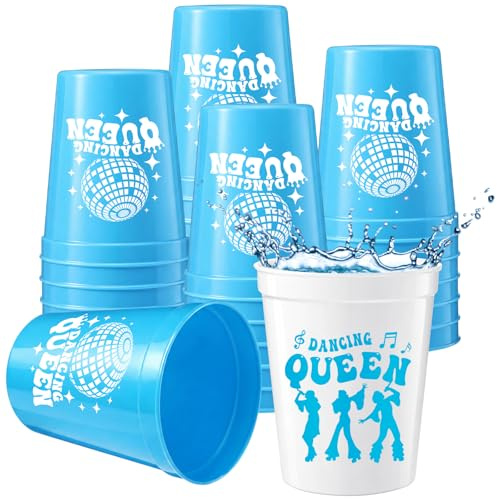 Yungyan 16 Pcs Dancing Queen Plastic Cups 16 oz Reusable Bachelorette Party Drink Cups Blue White Disco Ball Music Note Party Decor for Birthday Bridal Shower Wedding 70s 80s 90s Supplies