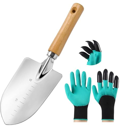Pelle en acier inoxydable - Gants de jardin imperméables avec griffes - Pelle de jardin avec échelle - Petite pelle antidérapante - Pelle à main pour plantes, repiquage (Silver 1)