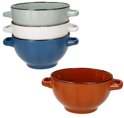 MamboCat 4er Set Chevron Suppentassen I 450ml, Ø13cm I 1x Blau, Braun, Olivgrün & Weiß mit braunem Rand I stapelbar I Schale mit Henkel für Eintöpfe, Suppen, Ramen