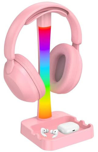 LOGANBEY RGB Headphone Stand with 10 Light Modes, Gaming Headset Holder with 2 USB Charging Ports, Sturdy Desk Headphone Hanger Organiser for Desk, Unique Gamer Gifts & Gaming Accessories (Pink)