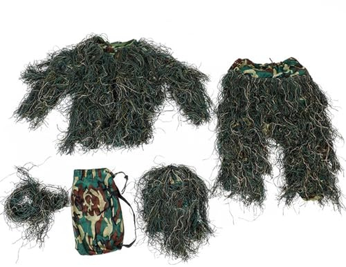 Ghillie Suit per bambini Altezza 43, 31-51, 18 pollici, Tuta mimetica 3D traspirante 5 in 1, Abbigliamento da caccia con giacca, pantaloni, cappuccio, borsa per il trasporto, giocattoli, giochi.